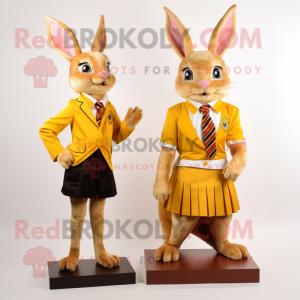 Gold Wild Rabbit mascot costume character dressed with a Mini Skirt and Ties