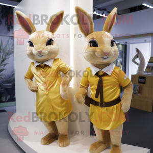 Gold Wild Rabbit mascot costume character dressed with a Mini Skirt and Ties