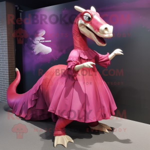Magenta Parasaurolophus mascot costume character dressed with a Pleated Skirt and Watches