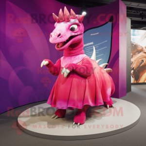 Magenta Parasaurolophus mascot costume character dressed with a Pleated Skirt and Watches