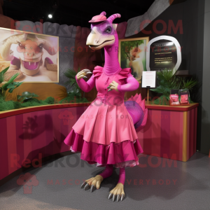 Magenta Parasaurolophus mascot costume character dressed with a Pleated Skirt and Watches