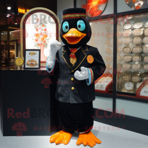 Black Mandarin mascot costume character dressed with a Suit Jacket and Brooches