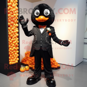 Black Mandarin mascot costume character dressed with a Suit Jacket and Brooches