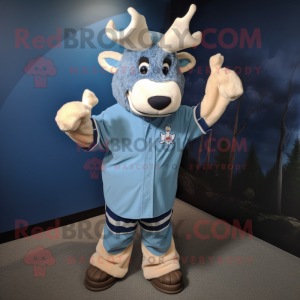 Blue Moose mascot costume character dressed with a Baseball Tee and Hair clips
