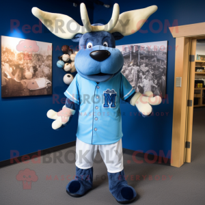 Blue Moose mascot costume character dressed with a Baseball Tee and Hair clips
