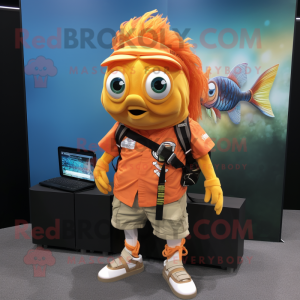 Orange Betta Fish mascot costume character dressed with a Cargo Shorts and Bracelets