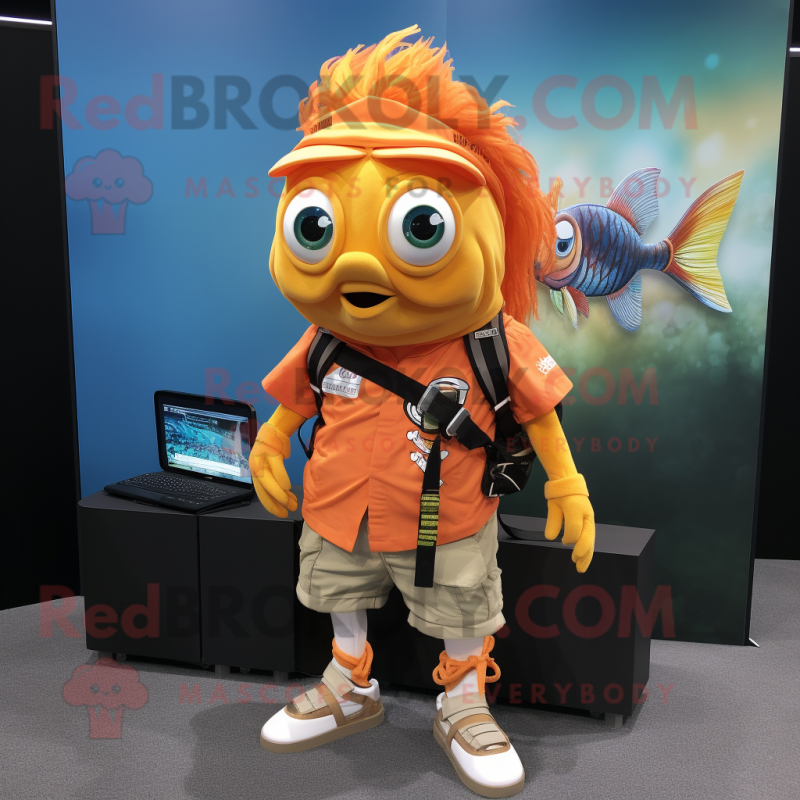 Orange Betta Fish mascot costume character dressed with a Cargo Shorts and Bracelets Orange Betta Fish mascot costume character dressed with a Cargo Shorts and Bracelets