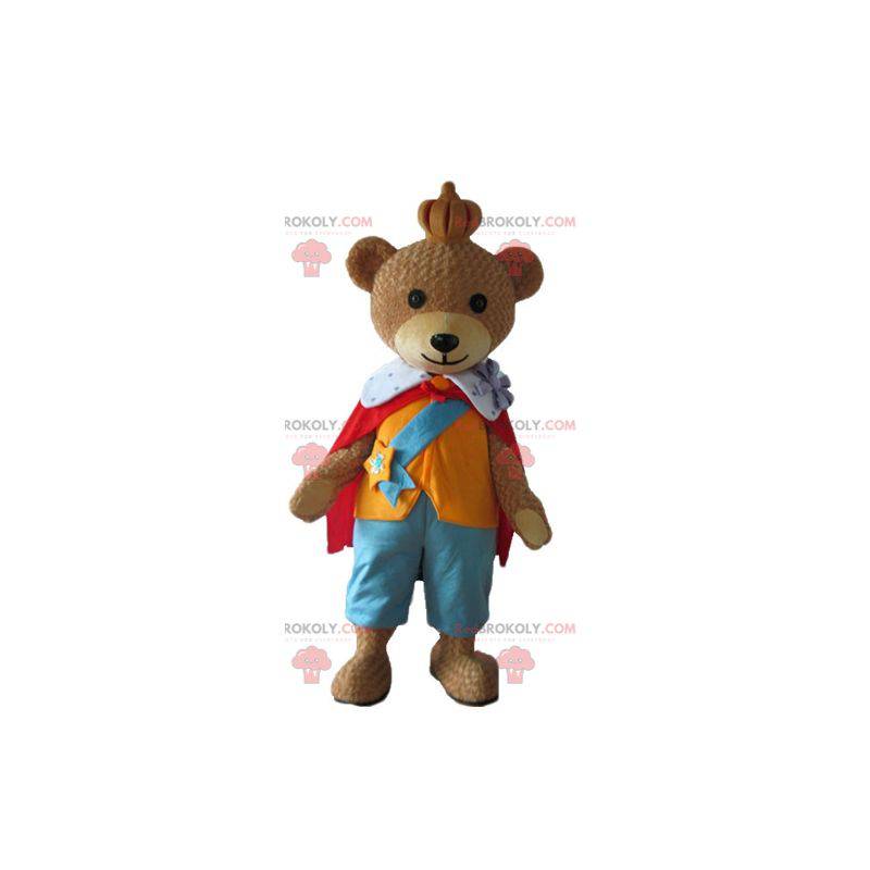 Mascotte orso bruno vestito con un abito colorato re -