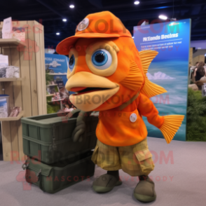 Orange Betta Fish mascot costume character dressed with a Cargo Shorts and Bracelets