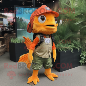 Orange Betta Fish mascot costume character dressed with a Cargo Shorts and Bracelets