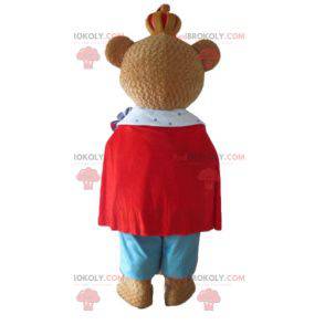 Mascota oso pardo vestida con un colorido traje de rey -