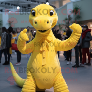Lemon Yellow Diplodocus mascot costume character dressed with a Romper and Mittens
