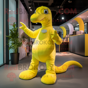 Lemon Yellow Diplodocus mascot costume character dressed with a Romper and Mittens