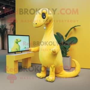 Lemon Yellow Diplodocus mascot costume character dressed with a Romper and Mittens