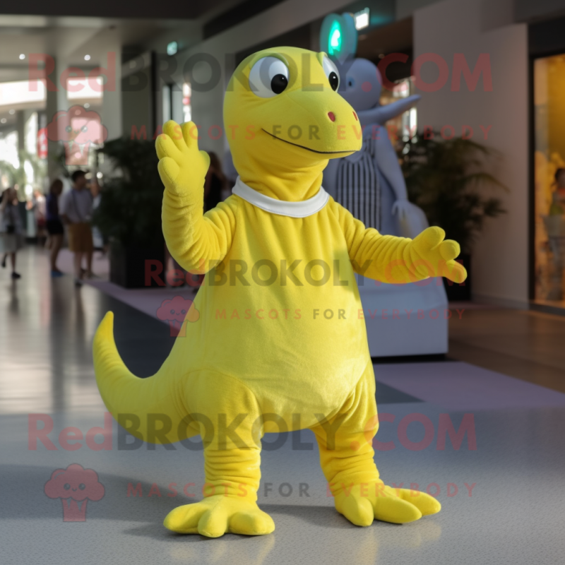 Lemon Yellow Diplodocus mascot costume character dressed with a Romper and Mittens