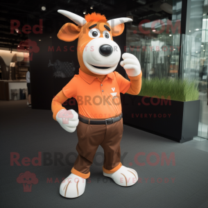 Orange Cow mascot costume character dressed with a Polo Shirt and Suspenders