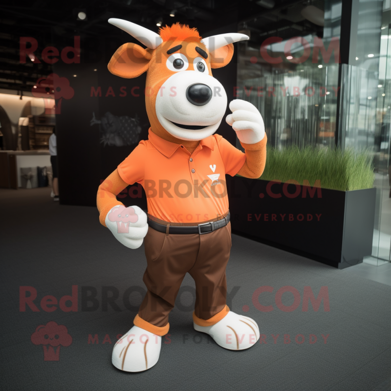 Orange Cow mascot costume character dressed with a Polo Shirt and Suspenders Orange Cow mascot costume character dressed with a Polo Shirt and Suspenders