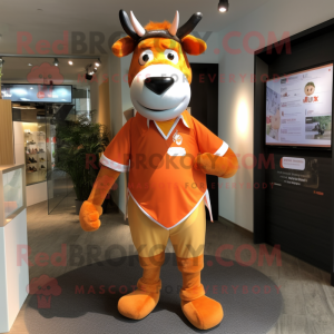 Orange Cow mascot costume character dressed with a Polo Shirt and Suspenders