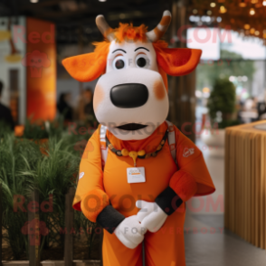 Orange Cow mascot costume character dressed with a Polo Shirt and Suspenders