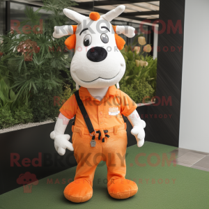 Orange Cow mascot costume character dressed with a Polo Shirt and Suspenders