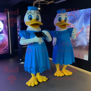 Blue Duck mascot costume character dressed with a Maxi Dress and Smartwatches