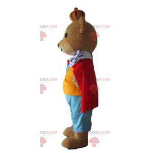 Bruine beer mascotte gekleed in een kleurrijke