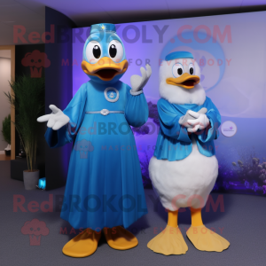 Blue Duck mascot costume character dressed with a Maxi Dress and Smartwatches