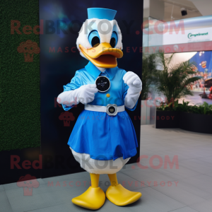 Blue Duck mascot costume character dressed with a Maxi Dress and Smartwatches