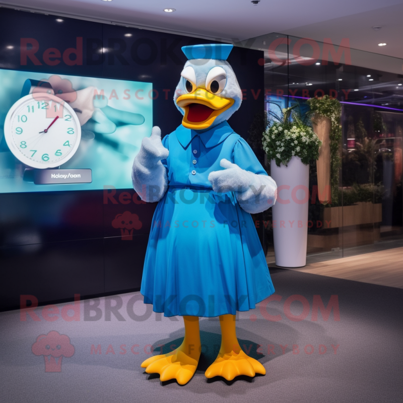 Blue Duck mascot costume character dressed with a Maxi Dress and Smartwatches Blue Duck mascot costume character dressed with a Maxi Dress and Smartwatches