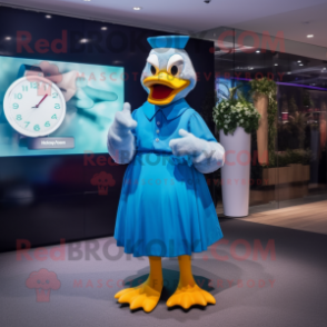 Blue Duck mascot costume character dressed with a Maxi Dress and Smartwatches