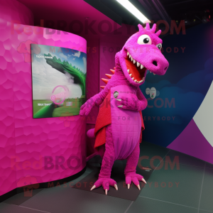 Magenta Crocodile mascot costume character dressed with a Playsuit and Brooches