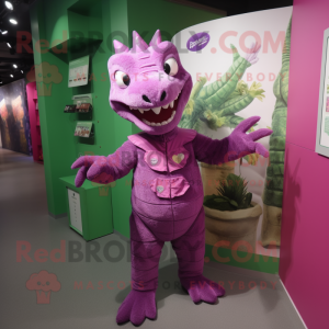 Magenta Crocodile mascot costume character dressed with a Playsuit and Brooches