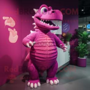 Magenta Crocodile mascot costume character dressed with a Playsuit and Brooches