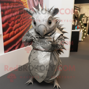 Silver Armadillo mascot costume character dressed with a Wrap Dress and Rings