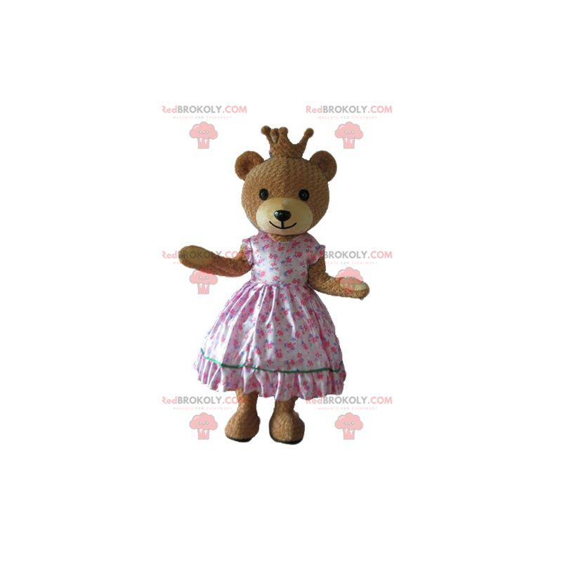 Mascote do urso em vestido rosa de princesa com uma coroa -
