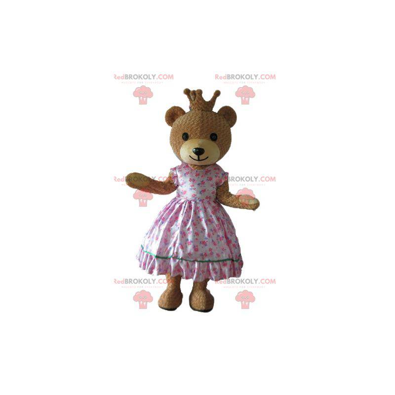 Mascotte d'ours en robe de princesse rose avec une couronne -