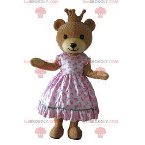 Bear mascotte in roze prinsessenjurk met een kroon -