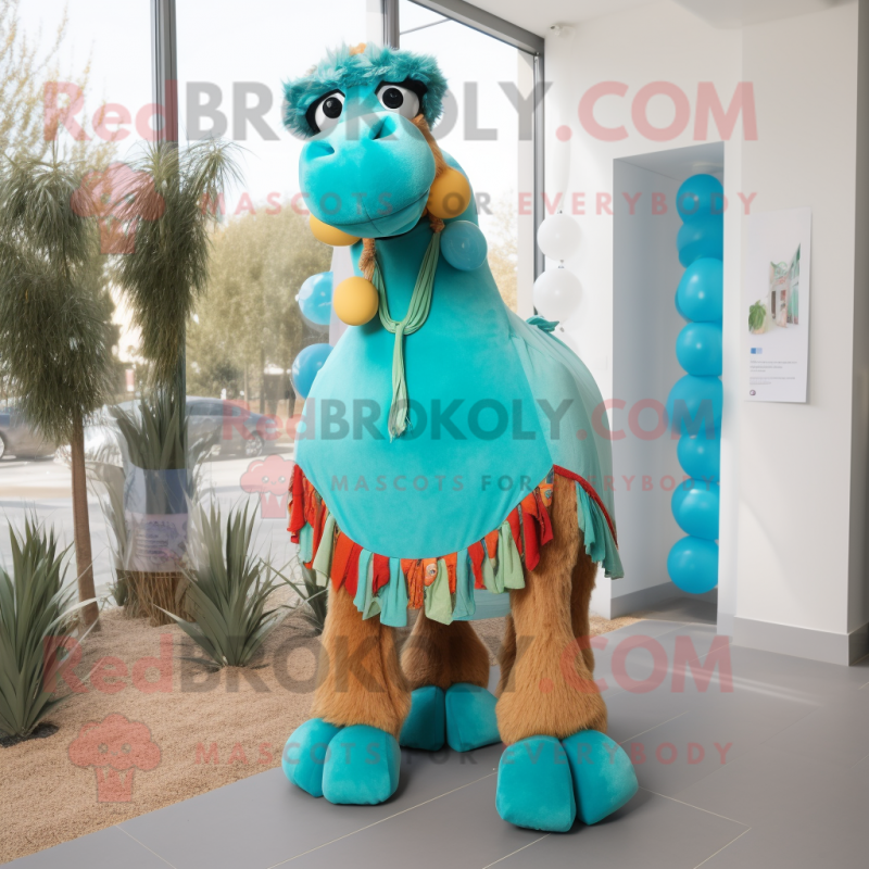 Turquoise Camel mascot costume character dressed with a Wrap Skirt and Shoe laces