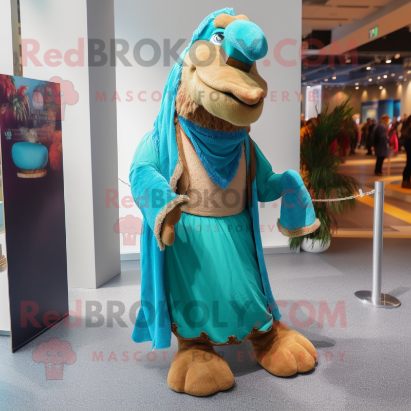 Turquoise Camel mascot costume character dressed with a Wrap Skirt and Shoe laces