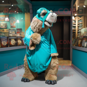 Turquoise Camel mascot costume character dressed with a Wrap Skirt and Shoe laces