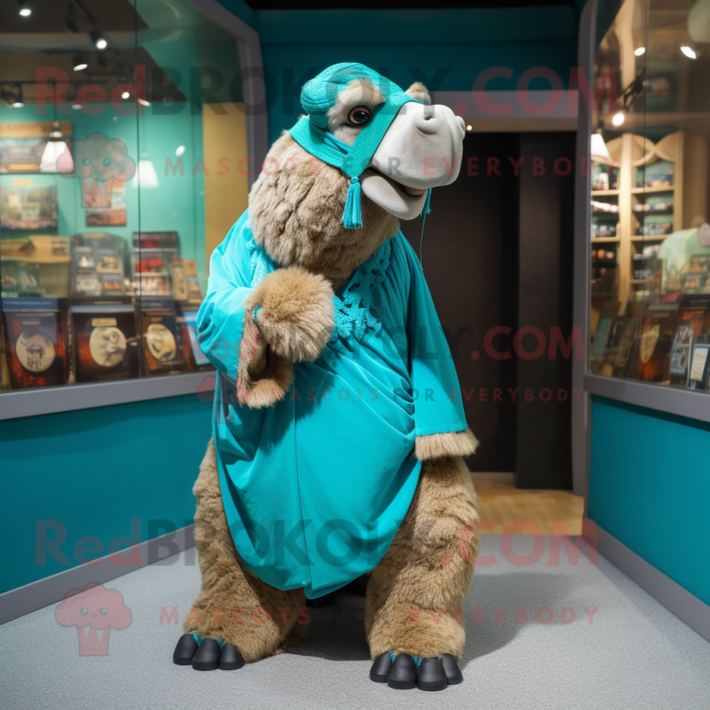 Turquoise Camel mascot costume character dressed with a Wrap Skirt and Shoe laces Turquoise Camel mascot costume character dressed with a Wrap Skirt and Shoe laces