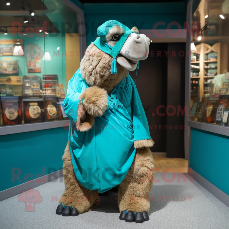 Turquoise Camel mascot costume character dressed with a Wrap Skirt and Shoe laces