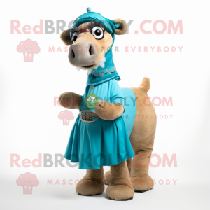 Turquoise Camel mascot costume character dressed with a Wrap Skirt and Shoe laces