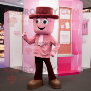 Pink Chocolate Bar mascot costume character dressed with a Trousers and Hats