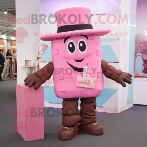 Pink Chocolate Bar mascot costume character dressed with a Trousers and Hats