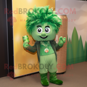 Forest Green Soda Can mascot costume character dressed with a Corduroy Pants and Hair clips