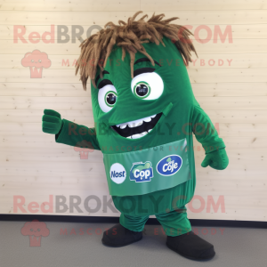 Forest Green Soda Can mascot costume character dressed with a Corduroy Pants and Hair clips