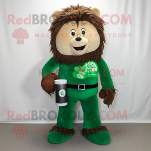 Forest Green Soda Can mascot costume character dressed with a Corduroy Pants and Hair clips