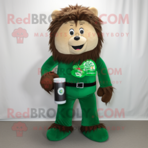 Forest Green Soda Can mascot costume character dressed with a Corduroy Pants and Hair clips