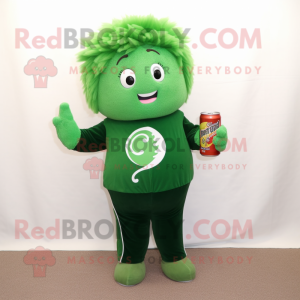 Forest Green Soda Can mascot costume character dressed with a Corduroy Pants and Hair clips